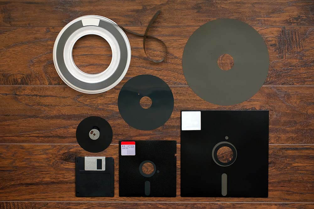 The old 8-inch 5.25-inch, 3.5-inch floppy disk, magnetic tape fo
